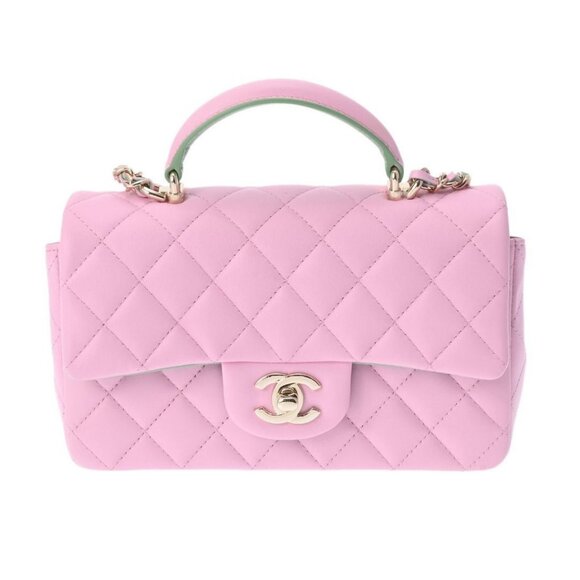 Authentic CHANEL Lambskin Quilted Mini Top Handle Rectangular Flap Lilac Green - Picture 4 of 13